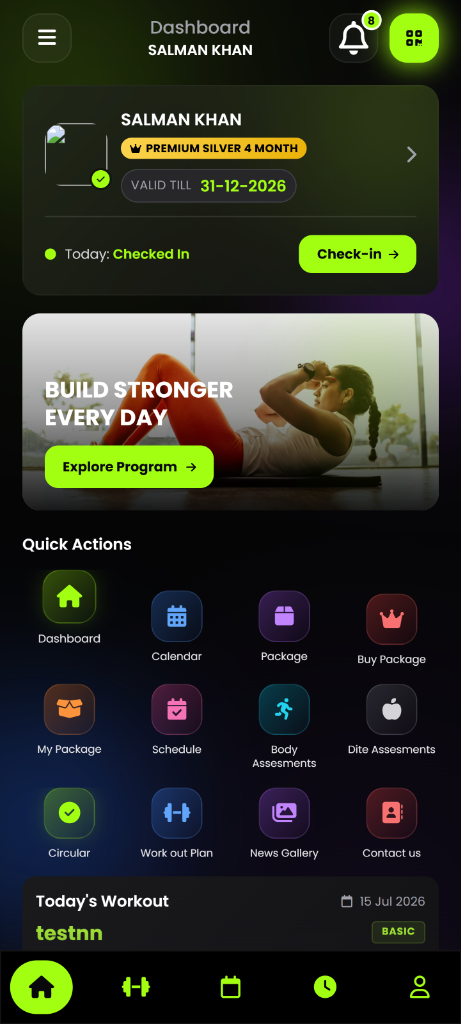 Gym ERP Mobile App Member Screen