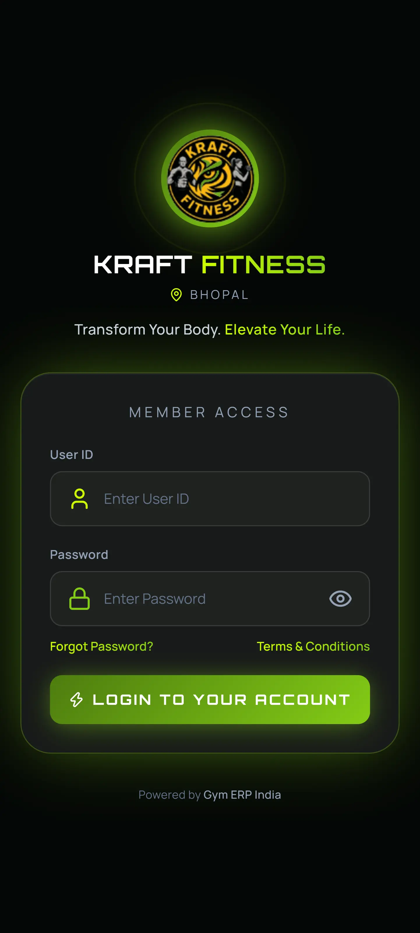 Gym ERP Mobile App Screen 1